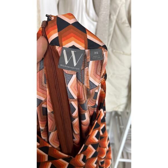 Worthington Women's Sz XS Orange Geometric Print Tie Neck Satin Midi Dress #0561 - Picture 8 of 13
